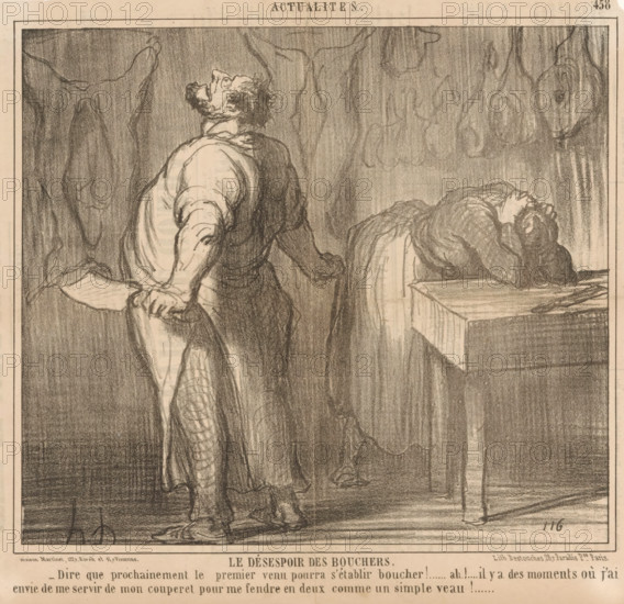 The despair of the butchers, Butcher and his wife complain, Current events, cartoon, Series number, 458, printmaker: Honoré Daumier, Paris, printer (person): Destouches, publisher: Martinet, 1857, printer (person), paper, lithography, height 254 mm x width 268 mm, Print used for: Le Charivari, November 21, 1857., butcher, slaughterman, political caricatures and satires, caricatures (human types), A monochrome drawing of an interior scene showing a standing man in the foreground viewed from behind and slightly in profile, with his head tilted back and his gaze directed upward, wearing a long loose garment with rolled sleeves and patterned leggings, one hand clenching a large cleaver held down by his side; to the right a second figure slumped forward over a table with head buried in folded arms, shoulders hunched and clothing wrinkled; the room has textured, shaded walls with hanging indistinct shapes and a shadowed corner, and the table shows simple legs and a flat top; the overall imag...