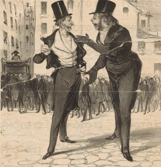 Robert Macaire explains to Bertrand how to deceive the public, Caricatures, Caricaturana, cartoon, Series number, 70, 100, printmaker: Honoré Daumier, after design by Charles Philipon, printer (person): Aubert & Cie., Paris, 1837, printer (person), paper, lithography, letterpress printing, lithography with text in letterpress on verso, height 268 mm x width 219 mm, Print possibly from: Le Charivari, December 24, 1837., cortege, funeral procession, quack, charlatan, mountebank, 'saltimbanco', Two men in tall hats and formal coats stand facing each other in a crowded street, one with a narrow gaunt face and pronounced nose pulling his coat open to reveal a wrinkled shirt while the other, heavier with a rounder face and beard, gestures toward him with gloved hands; behind them a dense crowd of darkly sketched figures fills the scene in front of tall buildings with windows and architectural details, and a small raised platform with a person seated is visible in the background; the ground i...
