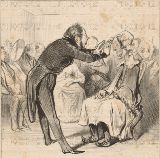 Robert Macaire magnetizes Bertrand, disguised as an old woman, Robert Macaire magnetizer, Caricatures, Caricaturana, cartoon, Series number, 88, 100, printmaker: Honoré Daumier, printmaker: Charles Philipon, printer (person): Aubert & Cie., Paris, 1838, printer (person), paper, lithography, letterpress printing, lithography with text in letterpress on verso, height 287 mm x width 247 mm, Print possibly from: Le Charivari, August 26, 1838., disguise, magic healings, A pencil or charcoal drawing of a crowded interior scene showing a man leaning forward with both hands raised toward the face of a seated woman; the man wears a dark textured coat and sideburns, and his posture is animated, while the seated woman appears older with a bonnet and layered dress and holds her hands near her face; other seated figures surround them, some with bonnets and shawls and one youthful face looking over the man’s shoulder; the room has simple vertical wall lines and a plain floor, and the drawing shows v...