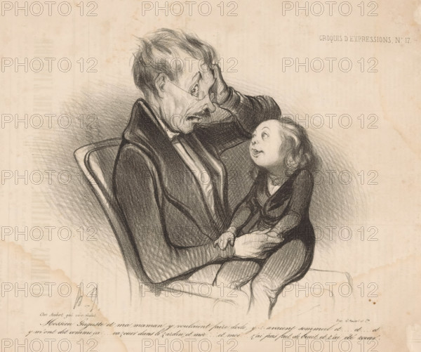 Child reveals his mother's secrets to his father, Facial expressions, Croquis d'expressions, cartoon, Series number, 17, 100, printmaker: Honoré Daumier, printer (person): Aubert & Cie., Paris, 1838, printer (person), paper, lithography, letterpress printing, lithography with text in letterpress on verso, height 248 mm x width 350 mm, A charcoal or pencil sketch on aged paper shows an older man seated in a chair holding a small child on his lap; the man has thin hair, round spectacles, an open mouth, and one hand raised to his forehead while the other supports the child, and he wears a dark coat and vest. The child looks up at the man with wide eyes and slightly parted lips, wearing a dark dress and stockings, with curly hair falling around the face and hands resting on the man’s arm. The background is lightly shaded with visible paper texture and some stains at the edges.