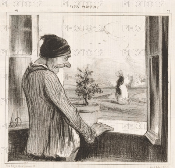 Regrets, Old man sees woman through open window, Parisian types, Types Parisiens, cartoon, Series number, 25, 50, printmaker: Honoré Daumier, printer (person): Aubert & Cie., Paris, publisher: Bauger, 1842, printer (person), paper, lithography, letterpress printing, lithography with letterpress text on verso, height 247 mm x width 340 mm, A monochrome drawing shows an older person leaning at a window, viewed from behind and in profile, wearing a dark cap and a striped garment with a loose white underskirt, one hand resting on the windowsill; outside the window a small tree sits on a low surface and a figure in a long dress stands facing away toward a distant landscape, while the interior framing includes heavy dark curtains and visible window panes.