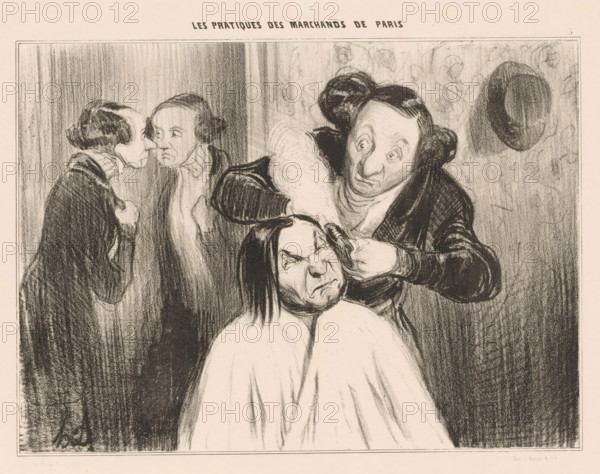 Woman gets curls at the wigmaker, Un coup de feu!, Practices of Parisian merchants, Les pratiques des marchands de Paris, cartoon, Series number, 5, 6, printmaker: Honoré Daumier, Paris, printer (person): Aubert & Cie., publisher: Bauger, 1839, printer (person), paper, lithography, lithografie, height 268 mm x width 343 mm, Print used for: La Caricature (2nd series) no. 52, October 27, and for: Le Charivari, August 1, 1842. This state was used for La Caricature., caricatures (human types), hairdress, wigmaker, 'perruquier', A charcoal drawing of four people in an interior scene, with two figures on the left standing close together and watching; a woman on the right with her hair in buns leans forward and holds a comb or blade near the head of a seated person whose hair is being cut or removed, the seated person wearing a draped cloth and showing a grimacing expression; a hat hangs on the wall behind them, and the background shows shaded vertical and textured patterns.