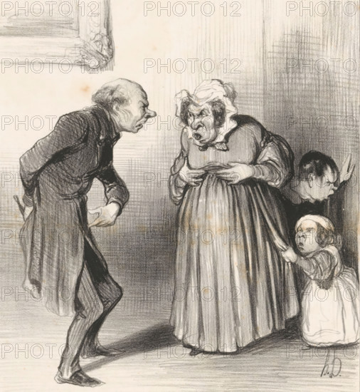 Family with health complaints, En fait-on avaler à ce pauvre public!, Advertisement, The advertisement and the advertisement, cartoon, Series number, 2, Below the image, two so-called remedies that could relieve the family of various health complaints are advertised ironically., printmaker: Honoré Daumier, Paris, printer (person): Aubert & Cie., publisher: Bauger (possibly), 1839, printer (person), paper, lithography, height 340 mm x width 260 mm, Print used for: La Caricature no. 32, June 9, 1839., advertising, patient, sick person, caricatures (human types), A charcoal sketch shows a thin man leaning forward with hands near his waist, wearing a long coat and trousers, his face turned toward a stout woman who clutches her dress at the bodice and wears a bonnet, her expression drawn and emphatic; beside her a small child tugs at the skirt while looking up, and another seated figure with a receding hairline is partially visible behind them, all set against a shaded, lightly textured bac...