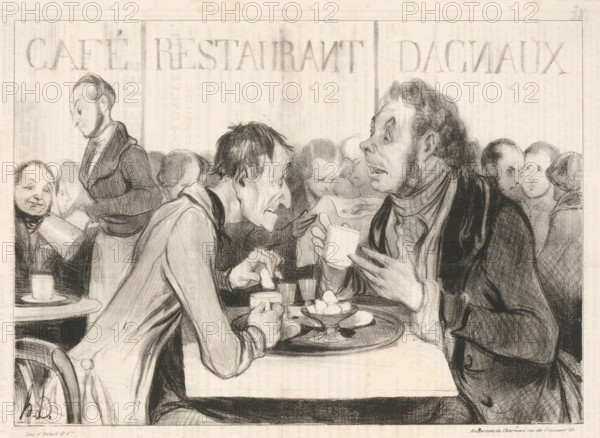 Vois-tu Bertrand, dans le quartier fashionable, Robert Macaire and Bertrand make plans in a café, cartoon, printmaker: Honoré Daumier, Paris, printer (person): Aubert & Cie., 1839, printer (person), paper, lithography, height 246 mm x width 292 mm, Print used for: Le Charivari, May 9, 1839., inn, coffee-house, public house, caricatures (human types), cup of coffee, A grayscale drawing of a crowded café scene showing two men at a table in the foreground, one leaning forward with a gaunt face and a long nose holding a small cup while the other, with wide eyes and pronounced sideburns, gestures with one hand and holds a larger cup in the other; plates, glasses, a small dish of food, and a tray with a cup occupy the table between them. Behind and beside them are several seated and standing patrons sketched with varied facial expressions, including a smiling man near a table with a cup, a standing waiter pouring from a pitcher, and clustered heads of other customers. The interior shows a hi...