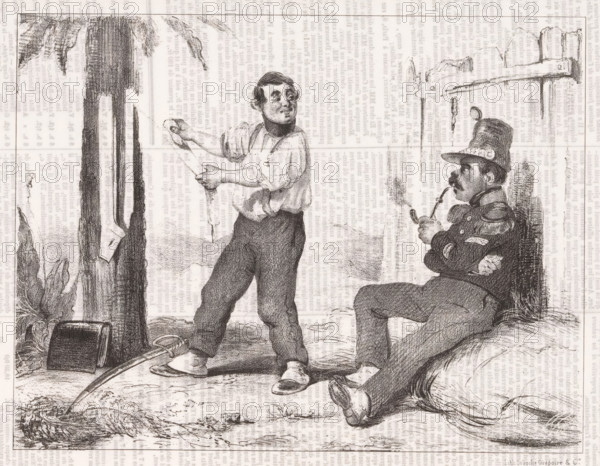 Two soldiers have a chat., Constantine, cartoon, A French soldier has a chat with his sergeant while polishing his uniform, just before the French army enters the city of Constantine in Algeria. He looks forward to the harem ladies., inscription: 'Tell me, sergeant? Did you dry his pail on the Day of Constantine? A real Chackuka that they have made dance there. This is the story of the people in the ville, and this is the story of the famous ladies in the sea, which is the result of the sesque.', annotation: '201', stamp: 'Timbre Royal Seine 3 c.', printmaker: Victor Adam (possibly), France, printer (person): Caboche & Cie., Grégoire, Paris, 1837-11-06, printer (person), paper, lithography, letterpress printing, lithography with letterpress text on verso, height 238 mm x width 356 mm, A monochrome sketch shows two men outdoors beside a tree and a fence. One man stands barefoot wearing rolled sleeves and loose pants, holding a long object with both hands and looking toward the other man...