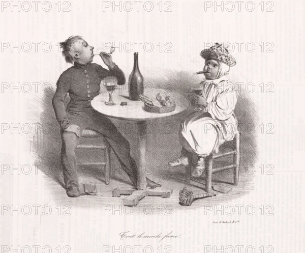 Tout le monde fume, Twee rokende kinderen, cartoon, Een pijprokend en een sigaarrokend kind, beide met een glas wijn., annotation: '290', printmaker: Victor Adam (possibly), France, printer (person): Aubert & Cie., Paris, 1838-10-10, printer (person), paper, lithography, letterpress printing, lithography with text in letterpress on verso, height 238 mm x width 356 mm, A grayscale drawing shows two seated children at a round table, one child on the left wearing a dark buttoned outfit and holding a long slender pipe to their mouth while a glass on a stem sits on the table near them, and the other child on the right wearing a light loose dress with a patterned cap and holding a short stubby cigar in their mouth and a cup in their hands; a tall bottle and a small dish with food are on the table, a broken pipe lies on the floor near the table base, and both children sit on simple wooden chairs against a plain background.