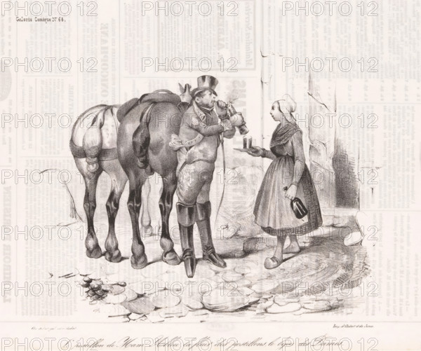 Mam's Postman Ablou, the flower of postmen, the jewel of ladies., Courier lights his pipe next to a horse, Comic events from everyday life, Comic gallery, cartoon, Series number, 68, A postman lights his pipe, while a peasant woman offers him wine., stamp: 'Timbre Royal Seine 3 c.', annotation: '225', printmaker: Victor Adam, France, printer (person): Aubert & Junca, Paris, publisher: Aubert & Cie., 1837-10-14, Victor Adam, Aubert & Junca, Aubert & Cie., printmaker, printer (person), publisher, paper, lithography, letterpress printing, lithography with text in letterpress on verso, height 242 mm x width 359 mm, A black and white drawing shows a man in a tall hat and coat standing beside a horse; the man is holding a bottle to his mouth and appears to be pouring or drinking from it while a small sack hangs from his side and reins loop over the horse; a young woman in a dress and headscarf stands facing him, holding a small tray with a cup in one hand and a bottle in the other; the scene...