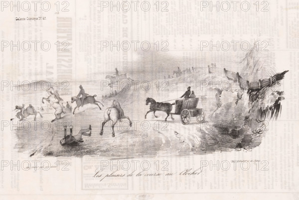 The fun of the horse race, Horse race in the field, Comic events from everyday life, Comic gallery, cartoon, Series number, 67, Various riders participate in a horse race in the open field, in which one has fallen., stamp: 'Timbre Royal Seine 3 c.', annotation: '227', printmaker: Victor Adam, France, printer (person): Aubert & Junca, Paris, publisher: Aubert & Cie., 1837-10-11, printer (person), paper, lithography, letterpress printing, lithography with text in letterpress on verso, height 235 mm x width 349 mm, A wide pencil sketch on pale paper shows a rural scene with multiple horses and riders in motion across a hilly landscape; several horses rear or gallop while riders are thrown or struggle to stay mounted, and one rider lies on his back with arms raised on the ground. To the right a horse pulls a two-wheeled carriage driven by a seated coachman with a passenger, moving along a winding track that runs past a wooden fence and a steep embankment with vegetation. In the distant bac...