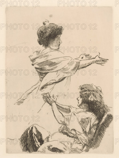 Study of two female figures with outstretched arms, print, Study for the painting L'ile heureuse., watermark, printmaker: Albert Besnard, France, in or before 1900, Albert Besnard, printmaker, paper, etching, drypoint, intaglio printmaking technique, height 272 mm x width 201 mm, adult woman, A sepia-toned etching showing two women in profile with visible crosshatch shading; the upper woman faces right with short dark hair and an outstretched arm and open hand, her loose garment draped across her shoulders and back; below her a second woman with long dark hair looks upward, her hands raised and fingers entwined with the other woman's, her sleeves rolled and clothing rendered with linear shading; the background is plain and the image edges show a faint rectangular border.