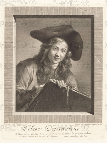 L'éleve Dessinateur, Drawing young man, print, printmaker: Angélique Bregeon, after painting by Carle van Loo, publisher: Tardieu, Paris, grantor of privilege: Louis XV of France, 1764, Angélique Bregeon, Carle van Loo, Tardieu, Louis printmaker, after painting by, publisher, provider of privilege, paper, engraving, stipple engraving, height 265 mm x width 201 mm, drawing-lesson, artist at work, in his workshop, draftsman at work, A monochrome engraved portrait of a young person with long wavy hair wearing a large, slouchy hat and a loose garment, shown from the chest up inside a framed rectangle; the figure looks toward the viewer with a slight smile while holding a large flat surface or board tied with ribbons, and the engraving shows fine linework and crosshatching throughout the background, the clothing, the hat, and the hair.