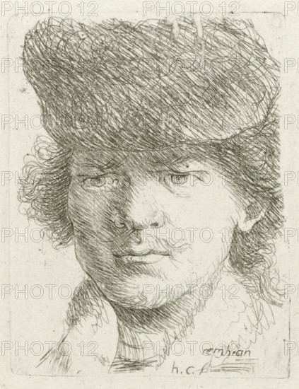 Portrait of Rembrandt with top cap, print, printmaker: Honoré Coussin, France, after design by Rembrandt van Rijn, 1708 - 1779, paper, etching, height 90 mm x width 68 mm, Person, historical persons, portrait, self-portrait of artist, head-gear: cap (men's clothes), A close-up etched portrait of a man wearing a large fur or textured hat, showing his face from the forehead down past the chin. The left side of his face is in shadow with dense cross-hatching, while the right side is lighter with finer lines. He has curly hair visible at the sides beneath the hat, a mustache, and a short beard along the jaw. His eyes are directed slightly toward the viewer, with detailed lines around the eyelids and brows. The image is monochrome on a textured paper background with visible etched linework throughout.