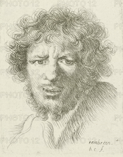 Bust of a young man with a beard, print, printmaker: Honoré Coussin, France, after design by Rembrandt van Rijn, 1708 - 1779, paper, etching, height 138 mm x width 108 mm, adult man, A detailed pen-and-ink drawing of a man's head and shoulders featuring dense, curly hair and a full beard rendered with many fine, swirling lines; the face is shown in three-quarter view with furrowed brows, prominent eyes, a pronounced nose, and slightly parted lips, and the drawing uses cross-hatching and varied line density to indicate shadow and texture on the hair, beard, and skin against a plain light background.