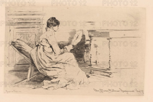 Woman with fan in low chair, print, watermark, printmaker: attributed to Jules Ferdinand Jacquemart, France, printer (person): Chardon ainé, Paris, publisher: Etienne Prosper Berne-Bellecour, 1875, printer (person), Attributed to, paper, etching, drypoint, intaglio printmaking technique, height 148 mm x width 229 mm, A seated woman in a long dress is shown in profile, facing right, with her hair pulled up and one arm extended holding a round handheld object with a textured edge. She sits on a slanted chair with a cushioned back, and folds of fabric cascade around her. Behind and to the right of her are linear architectural elements including a horizontal surface and vertical supports, rendered with fine hatch marks. The image is composed of delicate ink lines on a light, slightly textured background with areas of crosshatching and sparse shading.