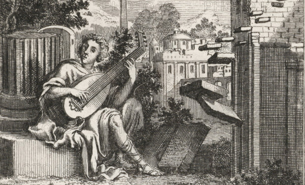 Amphion, playing a lute near the walls of Thebes, print, book illustration, printmaker: Jan Luyken, Amsterdam, after print by François Chauveau, publisher: Willem Goeree, 1681, François Chauveau, after print by, paper, etching, height 62 mm x width 83 mm, Illustration included in: Goeree, Wilhelmus. General architecture, 1681. Copy of the same side after a print by François Chauveau, included in: Metamorphoses d'Ovide en rondeau par M. de Benserade. Paris, 1676., (story of) Amphion and Zethus, A person with curly hair sits on a stone ledge holding a lute, one hand on the instrument's neck and the other near the strings; the person wears draped clothing with visible folds and patterned stockings on crossed legs. Behind them are architectural elements including a round column, a curved doorway, and a low wall, while to the right there are staggered brick ledges and a tall textured wall. In the background there are trees and distant buildings with turreted and domed roofs, and plants and ...
