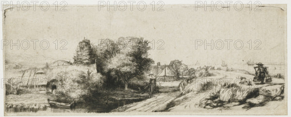 Landscape with a Fisherman ('The Milkman'), View of the Diemerdijk with a milkman and cottages, print, inscription: 't', printmaker: Rembrandt van Rijn, c. 1650, paper, etching, drypoint, intaglio printmaking technique, etching and drypoint with light plate tone, height 65 mm x width 174 mm, A wide monochrome landscape etching showing a riverside scene with dense trees and shrubs clustered near the center and left, a thatched building partially visible behind foliage on the left, and a small boat pulled up at the water's edge. A narrow winding path or embankment runs from right toward the middle ground, bordered by tufts of grass and low vegetation. In the distance on the right, faint outlines of ships and masts appear on the horizon. On the far right foreground, a figure wearing a broad hat carries two buckets suspended from a shoulder pole and stands near a dog or small animal. The overall image has fine crosshatching and delicate linear textures throughout.