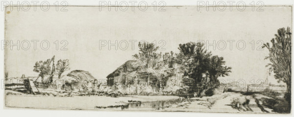 View of the Huis Te Vraag Inn on the Sloterweg, Landscape with a farmhouse along a road beside a canal, print, printmaker: Rembrandt van Rijn, c. 1652, paper, Japanese paper (handmade paper), drypoint, intaglio printmaking technique, printed with light plate tone on Japanese paper, height 78 mm x width 209 mm, A horizontal etching shows a riverside scene with a thatched building partially obscured by dense trees and shrubs along the bank, reflected faintly in the water in the foreground. To the left of the building there are smaller trees and a small sailboat moored near a simple wooden structure, while to the right a dirt path runs beside the water and leads toward a distant low horizon with a cluster of faint buildings and a tall spire. The sky above is mostly empty and the image is rendered in fine dark lines and hatching on a light background.