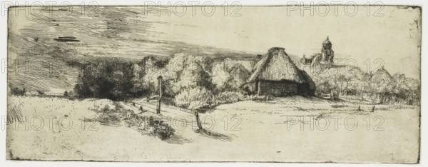 Landscape with a farm building and the 'house with the tower', print, printmaker: Rembrandt van Rijn, c. 1650, paper, Japanese paper (handmade paper), etching, drypoint, intaglio printmaking technique, etching and drypoint, printed with light plate tone on Japanese paper, height 121 mm x width 318 mm, Exhibitions, Shown in exhibition, Masterpieces on paper: Light and Darkness, A wide landscape etching shows a rural scene with a thatched barn set among trees and bushes, with the barn’s dark textured walls contrasting its lighter sloping roof. To the right, beyond a line of trees, a tall building with a domed tower rises above the foliage. In the middle ground a simple path or road runs past wooden posts and a vertical wooden structure with a crossbar, bordered by grassy and shrubby vegetation. The left side features dense, dark clumps of trees and a sky rendered with horizontal, hatched lines, while the foreground is an open, lightly marked field with scattered low marks and subtle text...