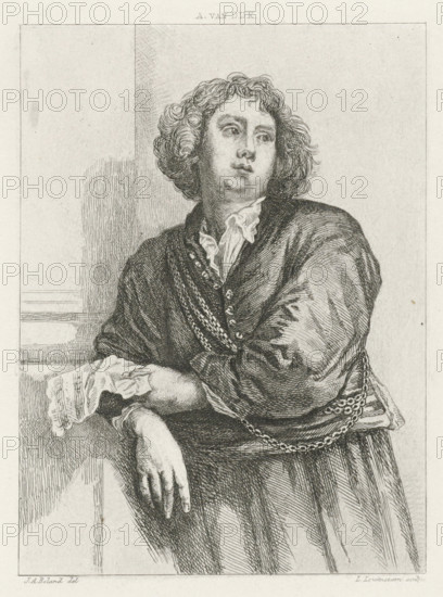 Portrait of Henricus Liberti, print, leaning against the wall, with sheet music in his hand., printmaker: Leopold Löwenstam, after drawing by Johannes Arnoldus Boland, after painting by Anthony van Dyck, 1852 - 1898, paper, etching, height 161 mm x width 120 mm, Person, Henricus Liberti, male sex, man, notation of music, A monochrome etching of a person shown from the waist up, turned slightly to one side, with curled hair framing the face and a contemplative expression, wearing a dark, textured garment with a ruffled collar and decorative buttons and chains across the chest and waist, one arm resting on a ledge with a hand draped over the edge and the other arm bent at the elbow, a folded cloth held near the resting arm, and a simple background with vertical shading and rectangular architectural lines.