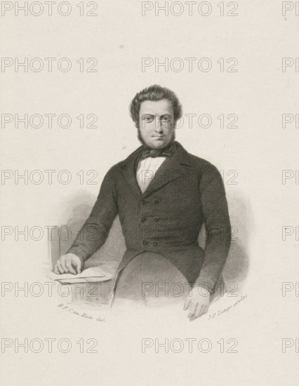JJL ten Kate, Portrait of Jan Jacob Lodewijk ten Kate, print, Half-length frontal portrait of Jan Jacob Lodewijk ten Kate, poet and Reformed minister in Amsterdam. He rests his right hand on a table; a letter lies beneath his hand., printmaker: Johannes Philippus Lange, after drawing by Herman Frederik Carel ten Kate, 1832 - 1849, paper, chine collé, steel engraving, blind-stamped, height 210 mm x width 135 mm, Print included in: Nederlandsche muzen-almanak. Amsterdam: JH Laarman, 1845., Person, Jan Jakob Lodewijk ten Kate, A black and white engraved portrait of a seated man shown from the waist up, wearing a dark double-breasted coat with a high collar and a light shirt beneath, a bow at his neck, his hair combed back and sideburns visible, one hand resting on a surface beside folded papers and the other hand relaxed on his knee, the chair back faintly suggested behind him and a blank textured background surrounding the figure.
