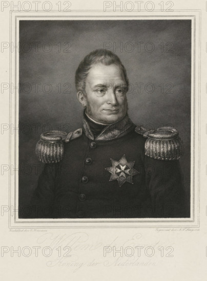 Portrait of William I Frederick, King of the Netherlands, William the First, print, Portrait bust of William I Frederick, bareheaded and clad in a uniform with a star of honor., printmaker: Johannes Philippus Lange, after painting by Cornelis Kruseman, 1835, paper, steel engraving, proof print, height 372 mm x width 280 mm, Person, William I of the Netherlands, A grayscale engraved portrait of a man shown from the chest up, wearing a dark military coat with large braided epaulettes on the shoulders and a decorative star-shaped medal pinned to his chest, his coat fastened with a row of round buttons and a high collar with a patterned scarf or cravat tucked inside, his hair combed back and sideburns visible, his face turned slightly to one side with a neutral expression, set against a textured shaded background and framed by a rectangular border.