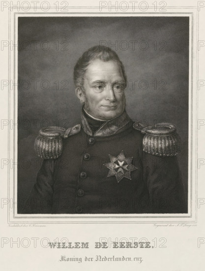 Portrait of William I Frederick, King of the Netherlands, William the First, etc., print, Portrait bust of William I Frederick, bareheaded and clad in a uniform with a star of honor., printmaker: Johannes Philippus Lange, after painting by Cornelis Kruseman, printer (person): JF Brugman, publisher: L. van der Vinne, Amsterdam, 1835, printer (person), paper, steel engraving, proof print, height 372 mm x width 280 mm, Person, William I of the Netherlands, A black and white engraved portrait of a man shown from the chest up wearing a dark military uniform with decorative braided shoulder epaulettes and a high collar, his face turned slightly to his left with short waved hair and sideburns, a multi-pointed star-shaped medal pinned to his chest, a textured shaded background framed by a double-lined border, and a wide blank margin beneath the portrait.