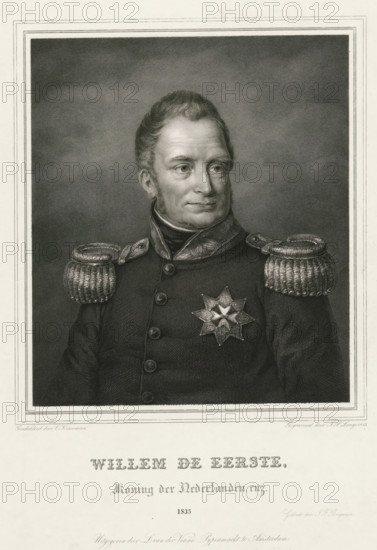 William I, King of the Netherlands, etc., Portrait of William I Frederick, print, Portrait bust of William I Frederick, bareheaded and clad in a uniform with an order star., inscription: 'This portrait ... November 1835', : 'Presented to the Municipal Government of the city of Amsterdam, by the undersigned, as publisher, in compliance with Art. 6 of the law of 25 Jan, 1817., Amsterdam, 29 November 1835, L. van der Vinne, This portrait was printed by the undersigned. Amsterdam. e November 1835, JF Brugman', printmaker: Johannes Philippus Lange, after painting by Cornelis Kruseman, printer (person): JF Brugman, publisher: L. van der Vinne, 1835, printer (person), paper, steel engraving, proof print, height 374 mm x width 282 mm, Person, William I of the Netherlands, A black and white engraved portrait of a man shown from the chest up, wearing a dark military coat with a high collar and decorative shoulder epaulettes, a star-shaped medal pinned to his chest, short neatly combed hair and s...
