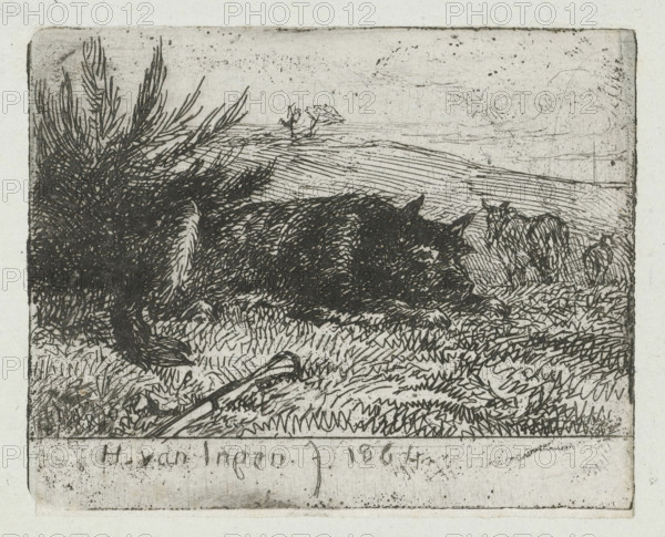 Lying shepherd dog, print, A lying shepherd dog next to a bush. In front of the dog lies a stick in the grass. In the background a hill., printmaker: Henry van Ingen, Poughkeepsie, 1864, North America, paper, chine collé, etching, etching on chine collé, height 56 mm x width 70 mm, dog, A rectangular etched scene framed by a thin border shows a dark, shaggy animal lying on grassy ground near dense, tall foliage on the left and smaller plants on the right, with textured strokes indicating fur and grass; a long, narrow object rests on the grass in front of the animal; the background contains horizontal etched lines suggesting a distant horizon and faint cloud-like shapes, and the lower margin beneath the scene shows a lighter panel with faint hand-drawn marks.