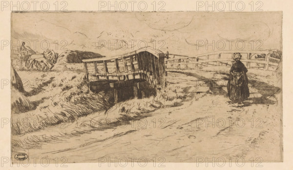 Country road with bridge, print, A wooden bridge in a landscape with haystacks. On the left, a hay wagon drawn by two horses. On the right, a walking farm woman., printmaker: Pieter Dupont, North Holland, 1895-01, paper, zinc etching, intaglio printmaking technique, height 156 mm x width 283 mm, hay-wagon, bridge, walking - AA - female human figure, A sepia-toned etching shows a rural pathway with a wooden bridge to the left and a fence running along the background; a woman in a long dark dress and head covering stands on the right side of the path with her back turned, hands clasped at her waist; to the far left a horse-drawn cart with a seated driver is partially visible near a grassy embankment; the scene includes textured grass and uneven ground, a few clouds sketched in the sky, and varied line work indicating shadows and worn surfaces.