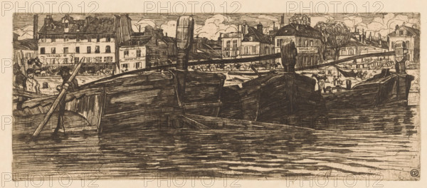Barges in the Seine in Paris, print, Houses in the background. In front of the houses several horses, some of which are harnessed to a carriage., printmaker: Pieter Dupont, Paris, 1896, paper, zinc etching, intaglio printmaking technique, height 135 mm x width 328 mm, ships (in general), city-view, and landscape with man-made constructions, Seine, A monochrome etching shows several boats in the foreground floating on textured water with visible wood grain and planks, with oars resting across the boats and rounded sterns and bows; behind the boats a quay with low walls separates the water from a row of multi-story buildings featuring pitched roofs, chimneys, dormer windows, and multiple facades, and people are visible along the quay and near the boats, some standing and some clustered, with simple clothing and hats; trees with bare branches and clouded sky appear above and behind the buildings, and a tall vertical post or piling rises between the boats and the buildings.