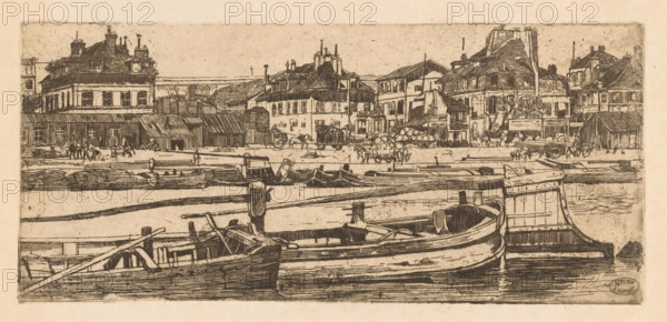 Barges in the Seine in Paris, print, Houses in the background. In front of the houses several horses, some of which are harnessed to a carriage., workshop stamp: 'ATELIER P. DUPONT', printmaker: Pieter Dupont, Paris, 1896, paper, zinc etching, intaglio printmaking technique, height 125 mm x width 278 mm, ships (in general), city-view, and landscape with man-made constructions, Seine, A horizontal sepia-toned etching depicting a waterfront scene with several wooden boats moored in the foreground, showing curved hulls, oars, and simple fittings; behind the boats a quay with pilings and low barriers separates the water from a busy dock area where small groups of people stand and carts and stacked goods are visible; the middle ground contains a row of buildings with varied rooflines, chimneys, windows, awnings, and timber or siding details, including some lower shed-like structures and taller multi-story houses; further back the skyline of pitched roofs and more chimneys rises against a pa...