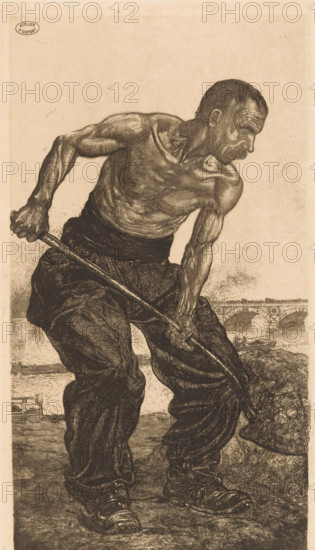 Homme de Peine (original title), L'Outillage (original series title on object), print, A dockworker with a shovel. The man has a bare torso. In the background a bridge over the Seine., workshop stamp: 'ATELIER P. DUPONT', printmaker: Pieter Dupont, Amsterdam, 1901, Pieter Dupont, printmaker, paper, etching, intaglio printmaking technique, height 318 mm x width 178 mm, working class, laborers, bridge in city across river, canal, partially clothed, Paris, Seine, A sepia-toned etched image of a shirtless muscular man leaning forward while gripping a long pole with both hands, his arms and torso showing detailed muscles and veins, wearing loose dark trousers and sturdy shoes, his face turned to the side with a mustache and short hair, a stone bridge with arches and small boats on a river visible in the background, and rough ground beneath him with textured shading around his legs.
