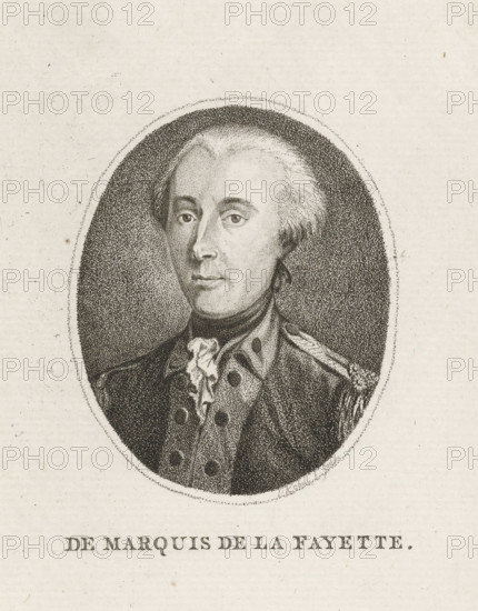 The Marquis de la Fayette, Portrait of Gilbert du Motier, Marquis de la Fayette, print, Portrait bust in oval of Marie Joseph Paul Yves Roch Gilbert Motier, Marquis de La Fayette., printmaker: Jan Kobell (I), Gouda, 1766 - 1833, paper, stipple engraving, etching, stipple engraving and etching, proof print, height 174 mm x width 147 mm, Person, Gilbert du Motier (Marquis de La Fayette), An oval portrait rendered in fine dot shading shows a light-skinned man from the chest up wearing a high-collared coat with decorative buttons and epaulettes, a ruffled cravat at his throat, and short, swept-back hair; the oval is surrounded by a textured dark background and set against a light, paper-like field.