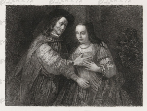 Portrait of a couple as Old Testament figures, named 'The Jewish Bride', print, Portrait of a couple as Isaac and Rebekah or other Old Testament figures, known by the title 'The Jewish Bride' or 'The Jewish Bride'. The couple is portrayed standing, knee-deep, in front of a wall., printmaker: Christiaan Lodewijk van Kesteren, Amsterdam, after painting by Rembrandt van Rijn, 1861, paper, chine collé, etching, engraving on chine collé, height 215 mm x width 301 mm, This print was used as an illustration in: Christiaan Lodewijk van Kesteren and Willem Jacob Hofdijk. Museum Van der Hoop: 12 steel engravings after the most outstanding and important paintings. Amsterdam: Wed. JC van Kesteren & Zoon. 1861. Bride and groom in wedding dress., A grayscale engraving showing two figures close together against a dark textured background, the figure on the left wearing a broad hat and a cloak with long hair visible, their hand resting on the chest of the figure on the right; the right figure has long...