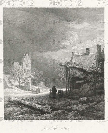 Dutch Masters, Winter landscape with tower, print, Series number, 18, 25, A winter landscape with three figures and part of a house in the foreground. In the background, two figures near a tower. The print is part of a series of 25 prints after Dutch Masters. Above the image: PL XVIII., printmaker: Johann Wilhelm Kaiser (I), after painting by Jacob Isaacksz van Ruisdael, 1823 - 1900, paper, chine collé, etching, height 0 mm x width 0 mm, landscape with tower or castle, A monochrome engraving shows a rural scene with a wide sky filled with textured clouds above a landscape. On the left a tall stone tower stands near leafless trees and a small arched doorway at its base. A thatched roof building with chimneys and an open wooden lean-to occupies the right foreground, its roofline covered in vegetation. In the center foreground several human figures gather on a dirt path, one bending over and others standing nearby, with a smaller pair further back near the tower. Fallen logs and rough gro...