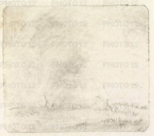 Lying cow, from the front, print, Faint print., printmaker: Pieter Janson, 1780 - 1851, inorganic material, paper, chalk, etching, etching and chalk in grey, height 46 mm x width 53 mm, cow, A rectangular sheet with rounded corners showing a worn, off-white surface with gray smudges and faint pencil or charcoal marks, subtle shading creating a vertical darker band near the center, faint scribbled lines and small clustered strokes toward the lower area resembling tufts, and slightly darker edging along the borders with small specks and irregular spots across the surface.