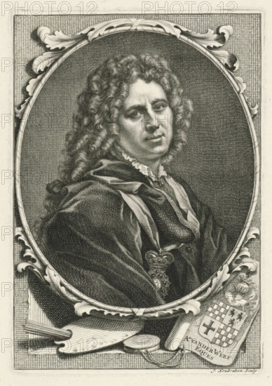 Portrait of Adriaen van der Werff, print, book illustration, printmaker: Jacob Houbraken, Amsterdam, 1721, paper, engraving, height 156 mm x width 109 mm, Print also used in: Arnold Houbraken. De groote Schouburgh der Nederlantsche konstschilders en schilderessen : waar van 'er vele met hunne beeltenissen ten toneeleel verschonen, ... zigende een vervolg op het Schilderboek van K. van Mander. 3 vols. First edition. Amsterdam: 1718-1721., Person, Adriaen van der Werff, An engraved oval portrait of a person with long curled hair and a ruffled collar, shown from the torso up and turned slightly to one side, wearing a draped garment with a decorative clasp and a sash; the oval is set within an ornate carved frame with scrolling leaf motifs, and below the portrait are artist tools including a palette, brushes, and a circular object, alongside a shield-like panel with patterned sections; the background behind the figure is densely hatched crosshatching and the whole image is rendered in fine...