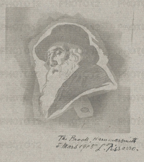 Portrait of Camille Pissarro, print, Portrait of the artist Camille Pissarro with hat., inscription: 'The Brook, Hammersmith 5 Mars 1905 L. Pissarro', printmaker: Lucien Pissarro, England, Hammersmith, 1905-03-05, printer (person), London, paper, wood engraving, color printing, wood engraving printed from two blocks in black and grey, on grey cartridge paper, height 89 mm x width 89 mm, Person, Camille Jacob Pissarro, portrait, self-portrait of artist, A grayscale sketch of an elderly man in profile wearing a wide-brimmed hat and a heavy coat with a high collar, showing a long beard and detailed facial lines and hair strokes, set against a textured paper background with faint rectangular borders and a lighter halo around the figure.