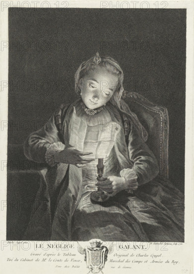 Girl reading a letter by candlelight, Le negligee galant, print, Below the scene the title and a coat of arms., printmaker: Manuel Salvador Carmona, Spain, after painting by Charles-Antoine Coypel, 1760, paper, etching, engraving, height 289 mm x width 203 mm, candle, letter, envelope, A seated young person wearing a dress with a high frilled collar and a decorative necklace holds a lit candle in a candlestick and looks down at a folded sheet held near the flame, a jeweled ornament in the hair and an earring visible, with a richly textured chair back behind and heavy draped fabric around the body, all depicted in a detailed monochrome engraving style against a dark stippled background.