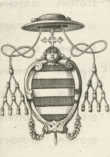 Coat of arms of Cardinal Petrus Aloysius Carafa, print, book illustration, Coat of arms of Cardinal Petrus Aloysius Carafa in the service of the College of the Diocese of Cologne. On verso a text in letterpress glorifying the cardinal., printmaker: Cornelis van Dalen (I), Amsterdam, printer (person): Lowijs Elzevier (III), publisher: Jost Kalckhoven, Cologne, 1645 - 1646, printer (person), North Rhine-Westphalia, paper, engraving, height 95 mm x width 64 mm, Leaf from: Jacobus Balde, Lyricorum libri IV, Cologne 1645 or 1646, insignia of cardinal, e.g. hat, mantle, A detailed black and white engraving shows an ornate shield with horizontal bands held within a carved frame, topped by a small sculpted cherubic head with stylized hair and wings at the sides, a horizontal brimmed hat above supported by curved cords that loop into decorative knots and end in tassel clusters, and a cross-shaped finial rising behind the cherub; garlands of beads hang from the lower ends of the frame and tassel...
