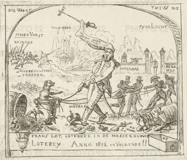 Napoleon pulls a dog in a goblet through the swamp, Caricatures of the defeats of the French in 1813, cartoon, print, historical print, Napoleon, with a sock on his head, pulls a dog sitting in a goblet through the swamp. French soldiers help him. In the background the French troops being defeated by the Cossacks, the fireworks, and a cemetery portal with a skeleton of a French soldier. Below the text: French lot, drawn in the Muscovite Lottery anno 1812 and following!, printmaker: Hermanus Fock, Amsterdam, 1813, paper, etching, height 87 mm x width 103 mm, Person, Napoleon I (Emperor of the French), Russian Campaign, Period, 1812, A pen-and-ink scene shows a central standing man in a long coat with buttons and a sash, wearing round spectacles and a tall pointed hat that trails backward and ends with a sword through its tip; he holds ropes leading to figures at the right who appear to be pulling, and a fallen person lies on the ground near scattered objects and a small cannon. In the l...