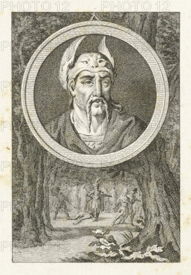 Medal with portrait of Brinno, print, Head of Brinno in medal. In the background a forest with figures, one of whom lies dead on the ground., printmaker: Simon Fokke, Amsterdam, 1722 - 1784, paper, etching, height 167 mm x width 114 mm, Person, Brinno, historical person (with NAME), Batavian Revolt, Period, 69 - 70, A monochrome engraving shows a circular medallion containing a bust of a bearded man wearing a horned cap and a draped garment, his face detailed with furrowed brows and a long mustache and goatee; the medallion is set against a darker textured background and framed by a double ring. Surrounding the medallion are tall tree trunks with detailed bark on either side, and below the medallion a stage-like scene depicts small figures in dynamic poses, some holding staffs or weapons, with a fallen figure on the ground and foliage in the foreground.