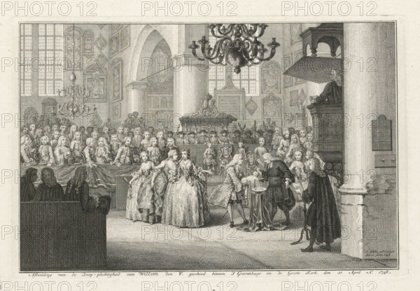 Image of the baptism ceremony of William V, which took place in The Hague in the Great Church on April 11, 1748, Baptism of Prince William V, print, 1748 Baptism ceremony of Prince William V in the Great Church in The Hague, April 11, 1748. William IV holds the child during the baptism; on the left, the princess looks on with ladies-in-waiting. Church interior with many guests. On the sheet below the plate, a verse in two columns., printmaker: Simon Fokke, Amsterdam, after design by, publisher: Eleke van Belkom, publisher: Arend van Huyssteen, publisher: Jacob Verlouw, publisher: Antoni Waldorp, writer (clerical worker): Pr. Oursiere, writer (clerical worker), paper, etching, letterpress printing, engraving and text in letterpress on recto, height 174 mm x width 262 mm, height 520 mm x width 395 mm, Person, William V (Prince of Orange-Nassau), William IV (Prince of Orange-Nassau), Anna of Hanover, Baptism, Protestant service, The Hague, Grote Kerk (The Hague), Period, 1748-04-11, A det...