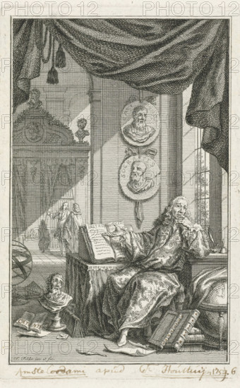 Scholar in study, print, A scholar sits behind a desk in a study and points to an open book. Above his desk hang two medallions with the likenesses of philosophers from Antiquity. On the floor around his desk lie papers and books, and stand a portrait bust and a globe., inscription, number: '6', printmaker: Simon Fokke, Amsterdam, after design by, publisher: Frans Houttuyn, 1759, paper, etching, proof print, height 160 mm x width 103 mm, study, 'studiolo', library, scholar in his study, A detailed etching shows an interior scene with a seated man in flowing patterned robes resting his head on one hand while the other hand gestures toward an open book on a draped table beside him; the table holds writing implements and another book, and piles of bound volumes lie on the floor nearby. The room features heavy drapery hanging from the ceiling with tassels, a large window with panes and a view of architectural elements beyond, and two round medallion portraits suspended on the wall. Decorat...
