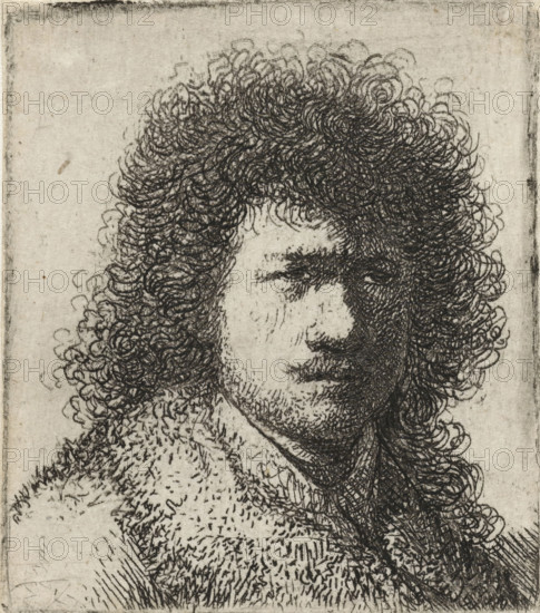 Self-portrait with bushy hair: bust, print, Self-portrait of Rembrandt with a large bush of curly hair., printmaker: Rembrandt van Rijn, Netherlands, printmaker: attributed to Jan Gillisz. van Vliet, c. 1631, Attributed to, paper, etching, height 50 mm x width 43 mm, The plate was reworked by another hand, possibly Jan Gillisz. van Vliet., Person, portrait, self-portrait of artist, A close-up monochrome etching of a person's head and shoulders showing tightly curled hair rendered with dense looping lines, a partially visible face with closed or downcast eyes, a prominent nose, faint stubble on the chin and jaw, and textured clothing that appears furry or woolly, all on a lightly mottled paper background with a narrow border.