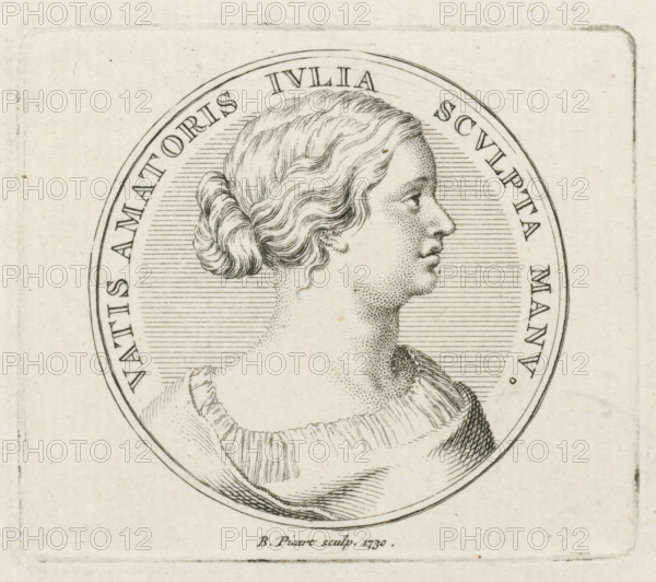 Medallion with the portrait of Julia, print, Medallion with the portrait of Julia. She was the first great love of the writer Janus Secundus, about whom he wrote a love elegy., printmaker: Bernard Picart, Amsterdam, 1730, paper, etching, engraving, etching and engraving, height 54 mm x width 62 mm, historical persons, medal (considered as a piece of sculpture, regardless of its specific function), A circular engraved portrait of a person in profile facing right, shown from the shoulders up within a double-lined border, with hair styled in a low bun and wavy strands, finely stippled facial shading, a rounded forehead and pronounced nose, wearing a draped garment with visible folds and cross-hatched shading, a background filled with closely spaced horizontal lines, and the image set on a lightly textured rectangular sheet with a faint outer border.
