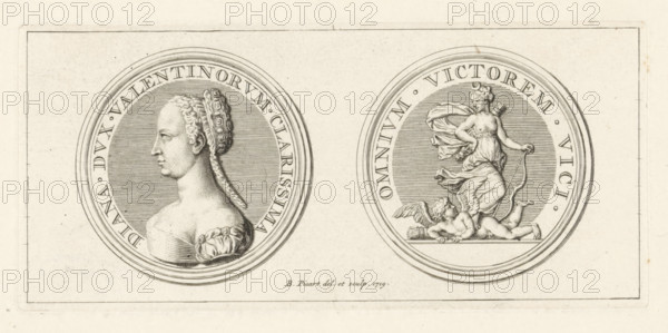 Coin with the portrait of Diane de Poitiers, print, Medal with the portrait of Diane de Poitiers, Countess of Saint Vallier. On the other side the goddess Diana trampling Cupid., printmaker: Bernard Picart, Amsterdam, 1719, paper, etching, engraving, etching and engraving, height 62 mm x width 138 mm, Person, Diana of Poitiers, (story of) Diana (Artemis), medal (considered as a piece of sculpture, regardless of its specific function), punishment of Cupid, A beige rectangular sheet with a thin double-lined border contains two large circular framed medallion designs side by side, each set against a finely lined round background. The left medallion shows a profile bust of a woman facing left with detailed hair pulled back and adorned with a textured headband, a bare shoulder with a draped garment, and finely stippled shading on the skin. The right medallion depicts a draped female figure stepping forward with flowing cloth around her torso and arm, holding a curved object while a small wi...