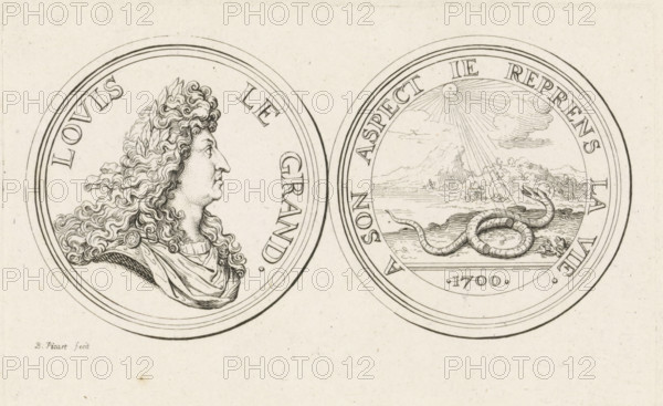 Medal with the portrait of Louis XIV (large variant), print, King of France. On the reverse side an emblematic representation of his reign: a snake, with a broken body, is illuminated by sunbeams., number: 'Illegible (partially cut off) number.', printmaker: Bernard Picart, Paris, 1700 - 1733, paper, etching, engraving, height 95 mm x width 150 mm, Person, Louis XIV (King of France), snakes, medal (considered as a piece of sculpture, regardless of its specific function), sun as celestial body, Two circular medallion designs appear on a light background, placed side by side. The left medallion shows a detailed profile of a person facing right with long, curly hair and draped clothing, surrounded by a double ring border. The right medallion depicts a landscape scene framed by a double ring border, featuring a coiled snake in the foreground on a shoreline, rays of light descending from a sun near the top, clouds and distant mountains, and a horizontal band below the scene. Both medallions...