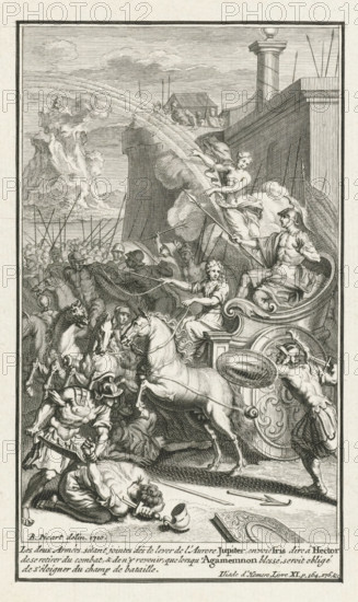 Jupiter sends Iris to Hector, print, book illustration, Jupiter sends the goddess Iris, descending from her rainbow, to Hector. She conveys his message to withdraw from the battle. In the margin a caption in French., printmaker: workshop of Bernard Picart, Amsterdam, 1710, paper, etching, engraving, etching and engraving, height 187 mm x width 125 mm, Print used as illustration in: Homer. L'Iliade. Translated into French by Anne Dacier. Amsterdam: sine nomen, 1712., the Greek captains are wounded, A detailed black and white engraved scene shows a classical chariot pulled by rearing horses at the center right, with a partially draped figure seated in the chariot holding a spear and a standing figure beside them gesturing outward. Soldiers in helmets and armor crowd the left and center foreground, some on horseback and some fallen on the ground, with spears and shields visible among them. Above the chariot, a nearly nude winged figure hovers on a cloud with flowing drapery, pointing towa...