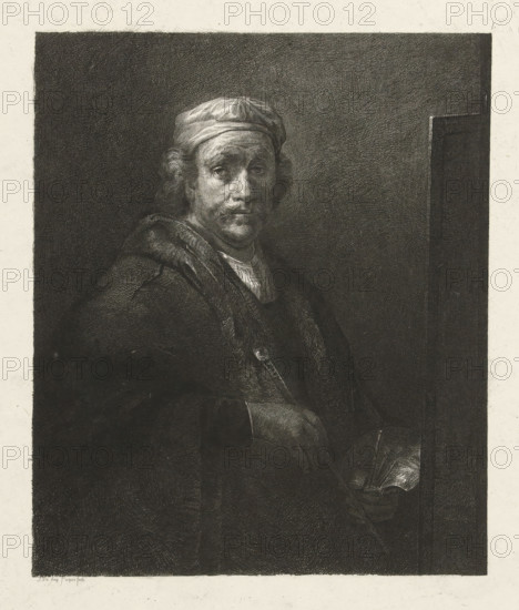 Portrait of Rembrandt van Rijn, print, Portrait of Rembrandt van Rijn standing before his easel. Waist-length, facing right. On his head a flat hat, in his hands a palette with brushes and a stick., number: '4', printmaker: Johannes Pieter de Frey, after painting by Rembrandt van Rijn, 1780 - 1834, paper, etching, proof print, height 428 mm x width 302 mm, Print after a self-portrait by Rembrandt van Rijn, present in the collection of the Musée du Louvre in Paris., Person, portrait, self-portrait of artist, A monochrome engraving of an older man shown from the waist up against a dark textured background, wearing a soft cap and a heavy fur-lined cloak, his face lit to reveal detailed features and a contemplative expression, one hand resting at his waist and the other holding an open book, the image framed by a lighter margin.