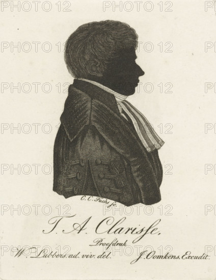 Silhouette portrait of Theodorus Adrianus Clarisse, print, bust facing right., printmaker: Karel Christiaan Fuchs, unknown, after drawing by Wessel Lubbers, publisher: Jan Oomkens, Groningen (city), 1808 - 1844, paper, etching, proof print, height 110 mm x width 86 mm, Person, Theodorus Adrianus Clarisse (II), A dark silhouette profile of a man facing right rendered in fine crosshatch lines, showing short textured hair, a distinct ear, a prominent nose and lips, and a high collar with a striped cravat; he wears a double-breasted coat with visible buttons and detailed fabric shading, all set against a pale, slightly textured background.